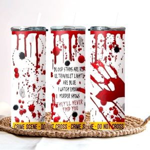 True crime inspired 20 oz. stainless steel tumbler with lid and straw.
